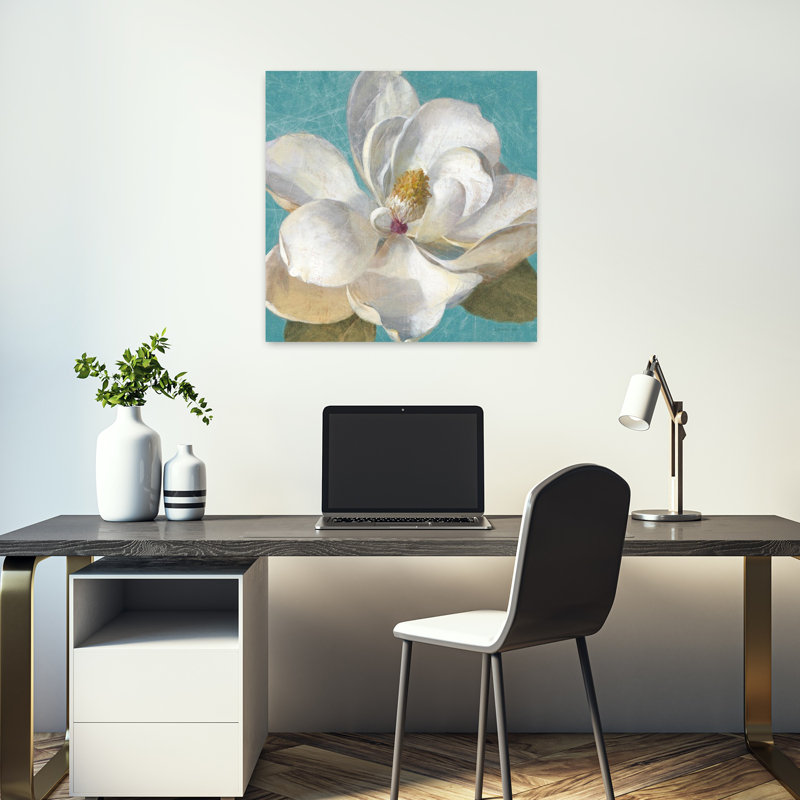 Art traditionnel turquoise avec des fleurs bleues, H 18 po x l 18 po