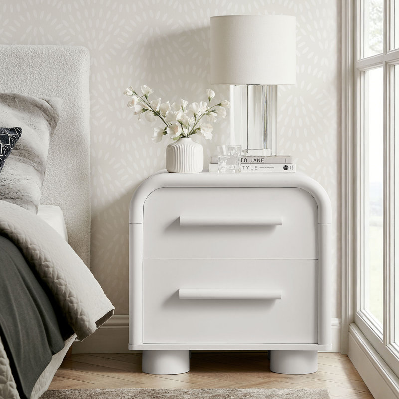 Table de chevet 2 tiroirs Rayshawn, Blanc mat