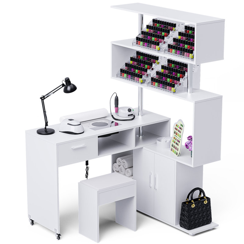 Grunewald Manicure Table L-Shaped Nail Desk with 1 Stool, Dust Collector, Two-Way Drawer, Cabinet & Storage Shelves, Rotating Reversible Manicure Workstation on Wheels