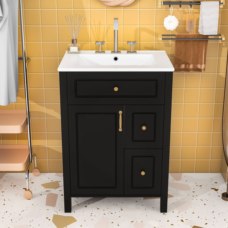 Compact Bathroom Vanity with Overflow Protection, Ample Storage, Black