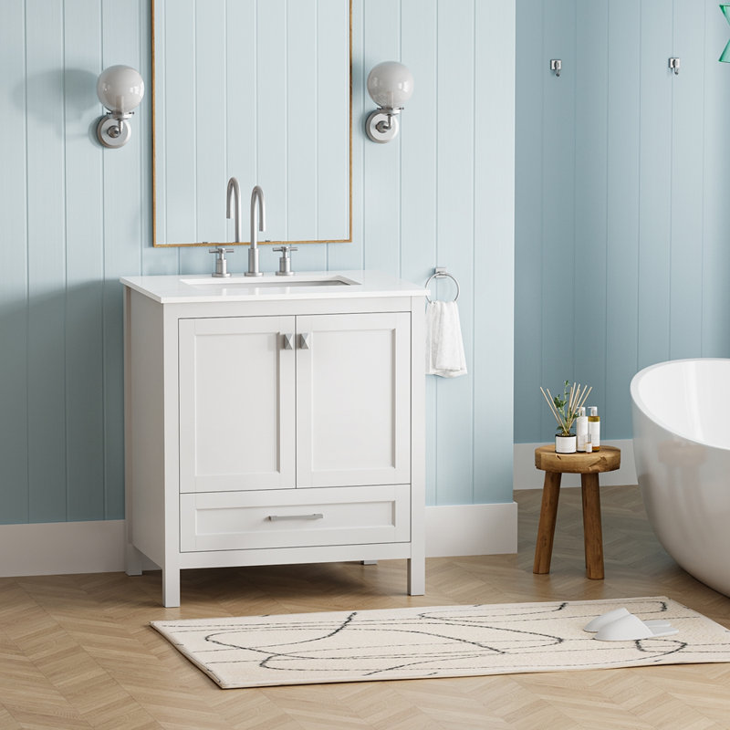 30" Bathroom Vanity With Sink Combo, Fully Assembled Bathroom Sink Cabinet With Marble Countertop, White