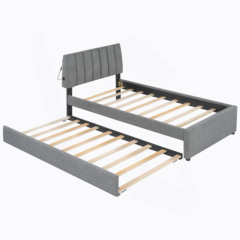 Lit plateforme tapissier simple avec lit gigogne Teddy, gris, Twin