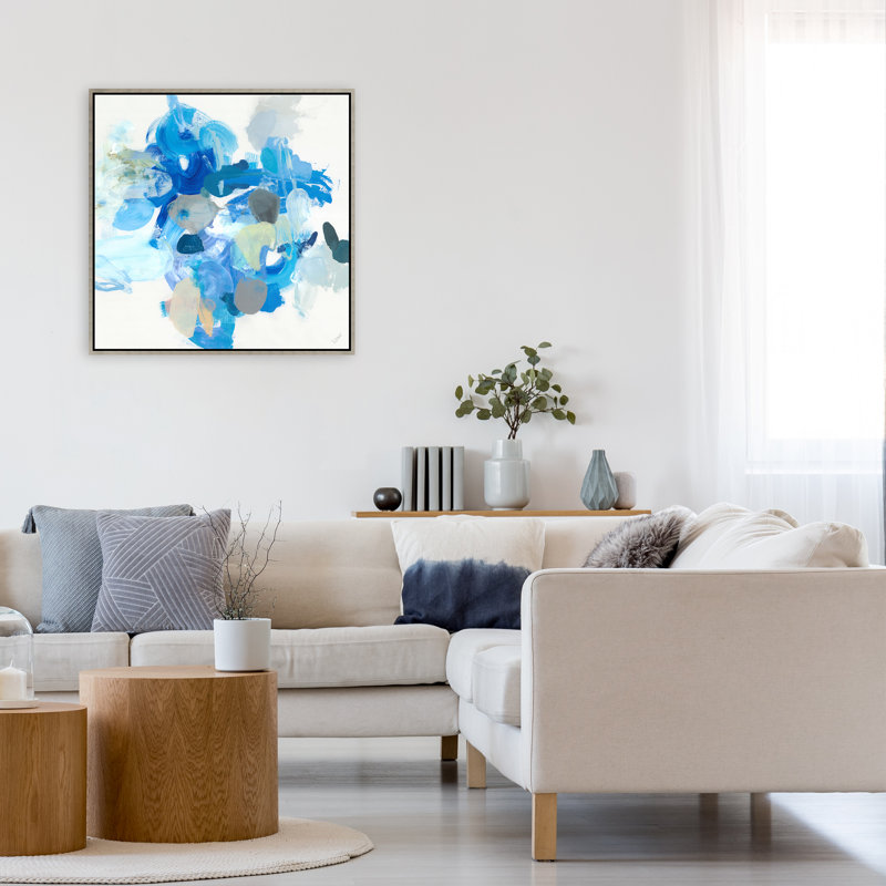 «Blu Tide Pools I» par Rick Kane, peinture sur toile à cadre flottant, H 25,75 po x l 25,75 po, Image au gel brossé
