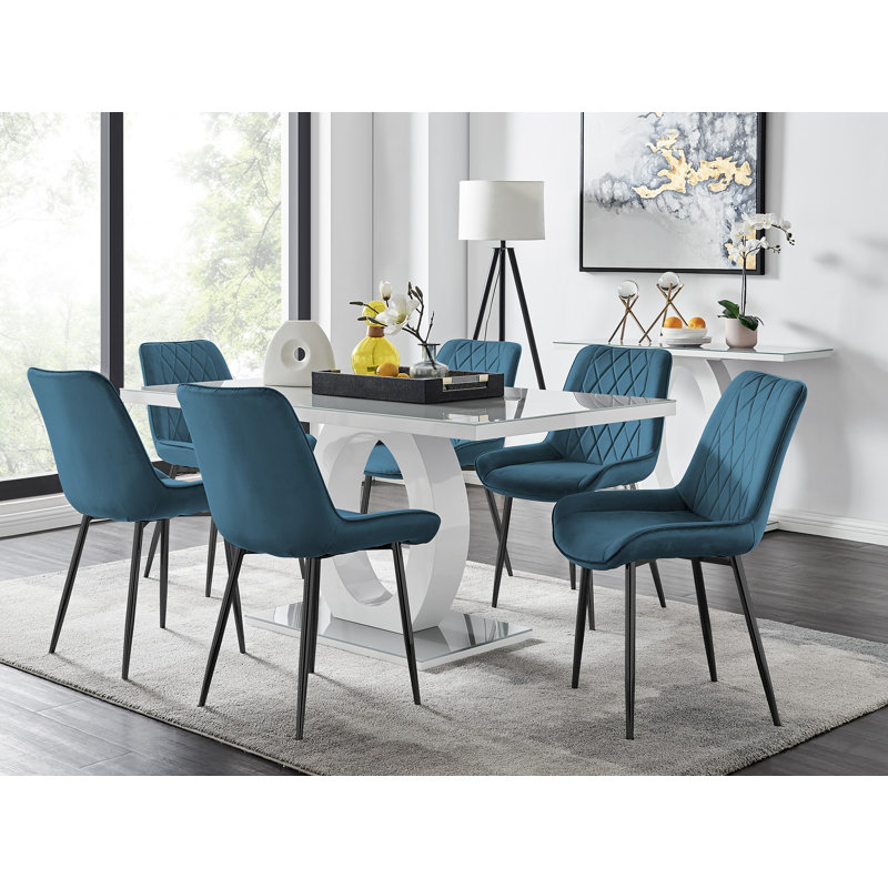 Scottsmoor Modern High Gloss & Glass Dining Set - 6 Luxury Velvet Mid-Century Upholstered Chairs, Blue/Black, Grey/White