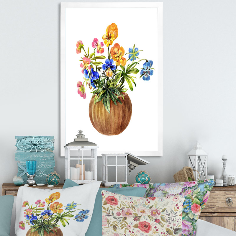 «Brown Pot with Blossoming Pansies», peinture sur toile, Cadre photo blanc, H 32 po x l 16 po x P 1 po