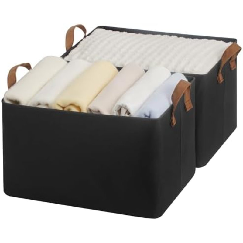 Storage Bins, Fabric Storage Bins For Shelves, Large Storage Baskets With Metal Frame, Closet Baskets And Bins With Handles, Black, 2-Pack