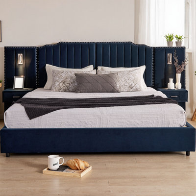King Size Upholstered Bed Frame with Velvet Headboard, Vertical Stripe & Button Design, Integrated Bedside Table & Adjustable Lamps, Modern Platform Bed - No Box Spring Needed