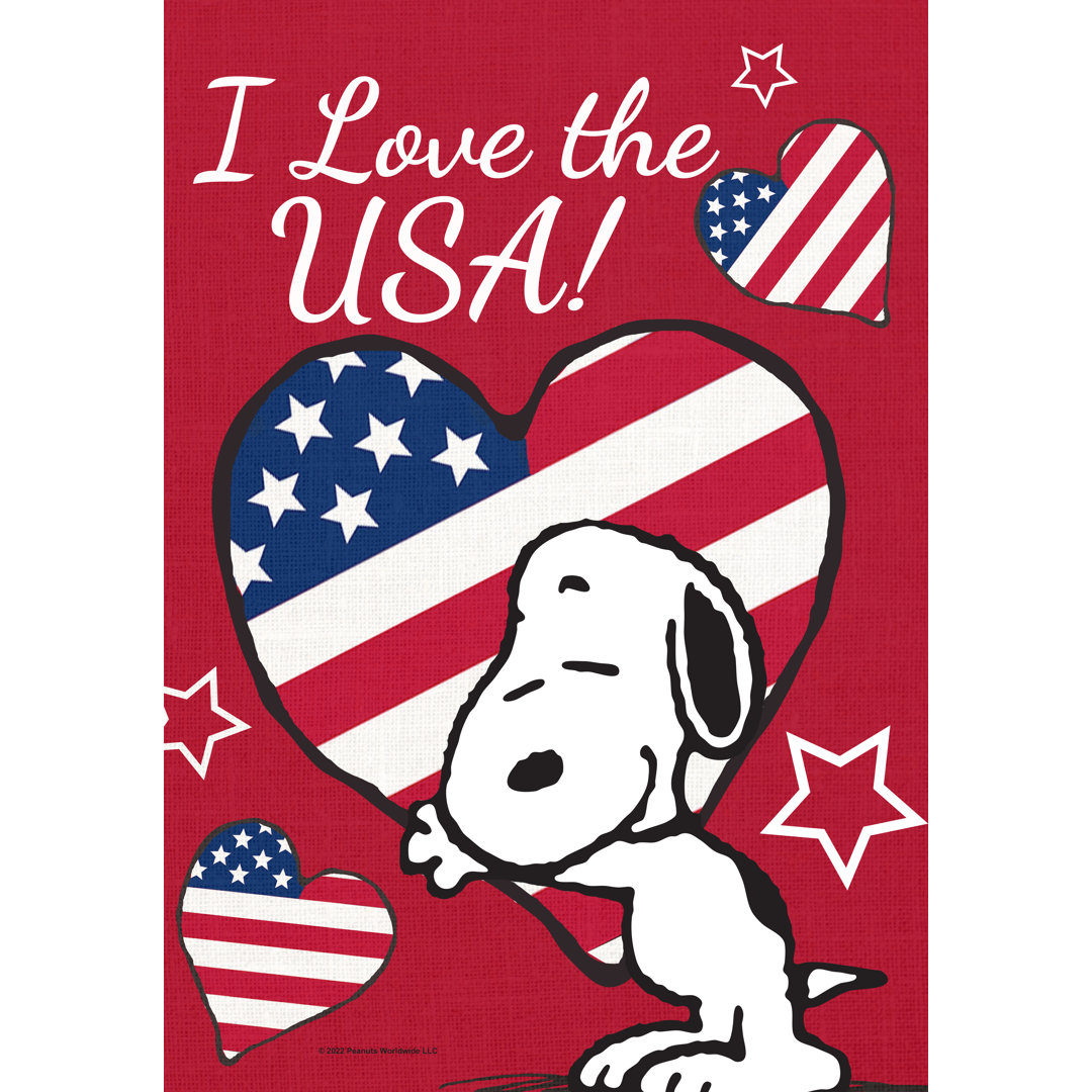 PEANUTS I Love the USA Snoopy Patriotic House Flag, 28" x 40", Officially Licensed PEANUTS Product, Flag Stand Sold Separately Back Yard Glory
