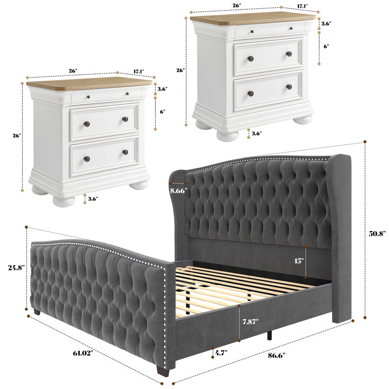 3-Pieces Classic Vintage & Contemporary Queen Bedroom Set, Gray, Gray , Queen