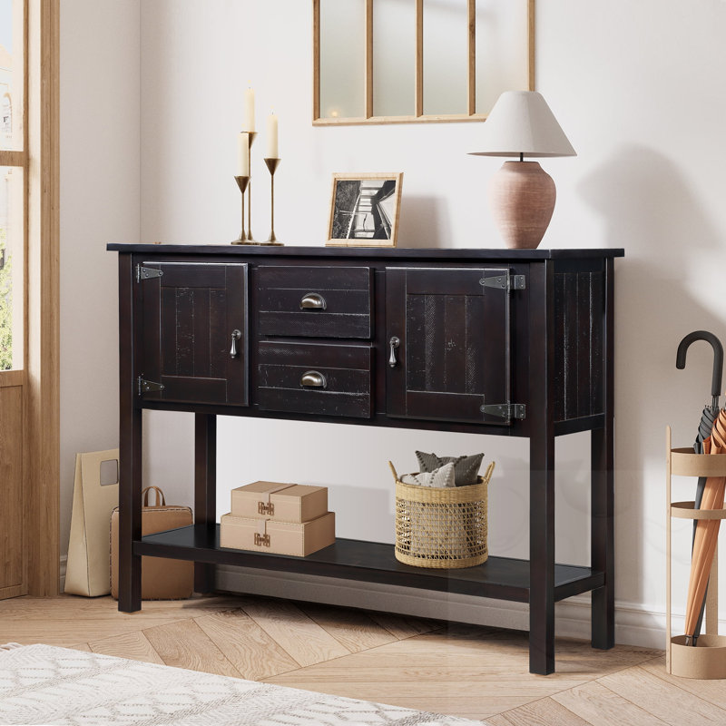 48'' Solid Wood Sideboard Console Table with 2 Drawers and Cabinets and Bottom Shelf, Retro Style Storage Dining Buffet Server Cabinet for Living Room Kitchen Dining Room
