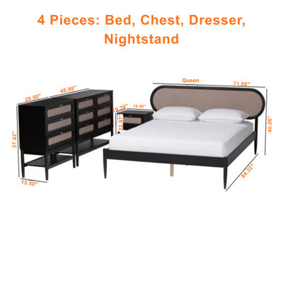 Wrigley 4-Piece Bedroom Set in Beige Fabric and Black Wood, 40.06'' H X 71.98'' W X 84.32'' L