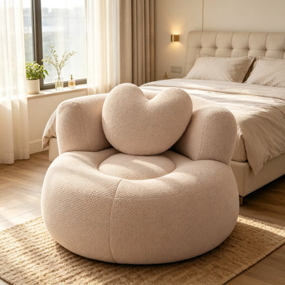 Oversized round boneless chaise lounge in pink diamond corduroy with throw pillows, no assembly cloud chair for living room