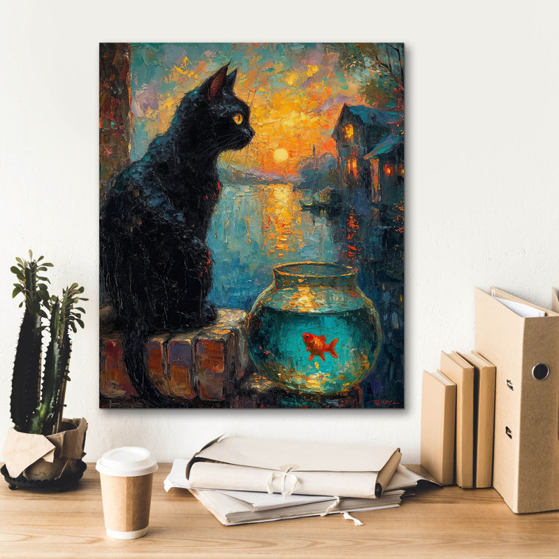 «Black Cat And Goldfish 1» par Momart, art mural sur toile, H 24 po x l 20 po x P 0,75 po
