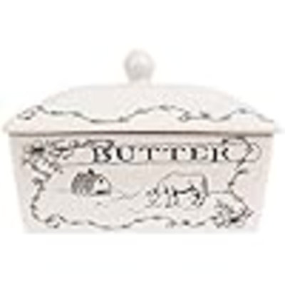 Country Stoneware Butter Dish With Lid, "Spread The Love" Message, And Farm Line Drawing, White And Black, Food, Microwave, And Dishwasher Safe