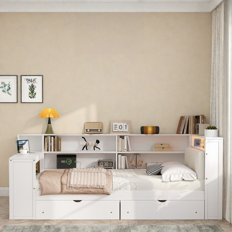 Wood Daybed With Storage Shelves, 2 Drawers, Charging Station, Led, Desk And Upholstered Headboard, Full/Double, White