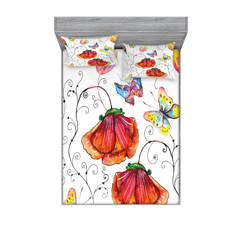 Ensemble de draps en microfibre Swirled Branch Hearts Butterflies, Ensemble de drap pour grand lit avec drap-housse