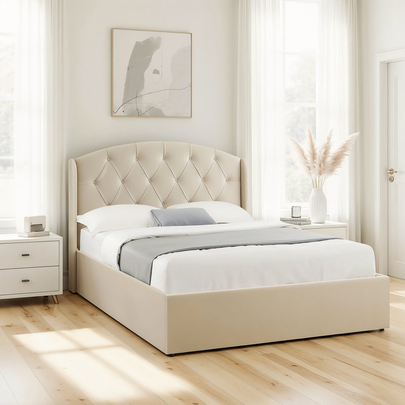 Bayson Upholstered Double (4'6) Bed, Diamond, Beige 