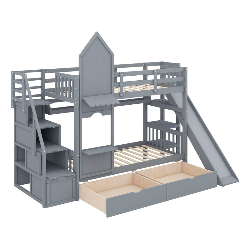 Lit superposé de style château avec deux tiroirs, trois tablettes et une glissade, Simple, Gris
