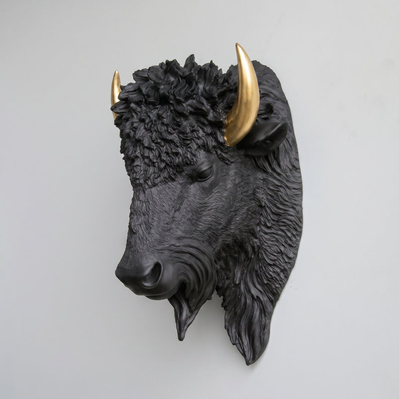 Décoration murale fausse tête de bison naturalisée, Noir / or