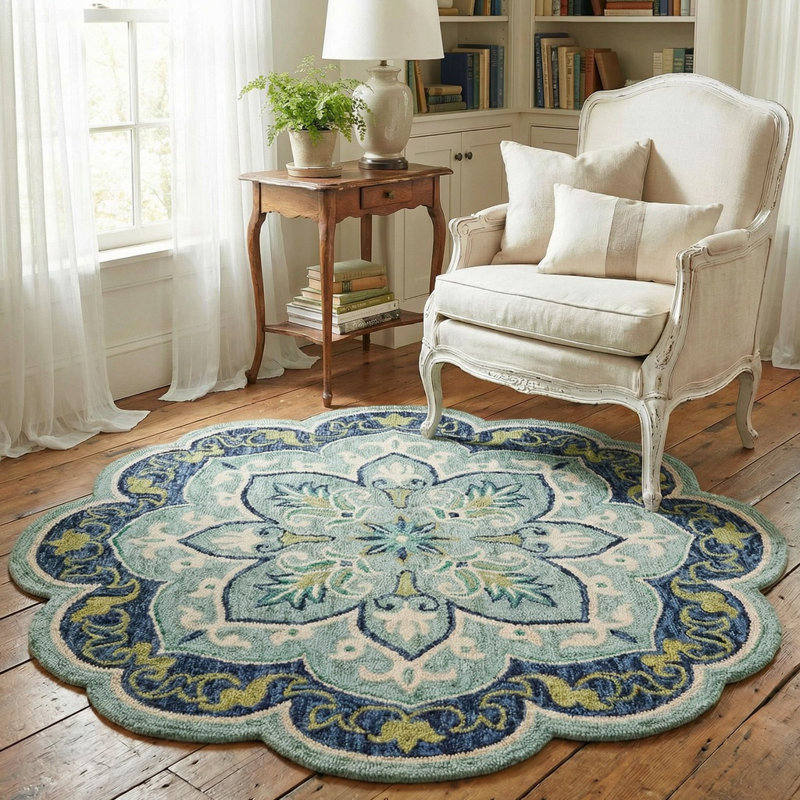 Tapis festonné 100% laine Cementon, Rond 5 pi
