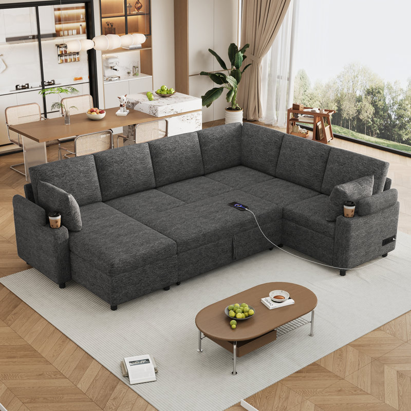 Canapé-lit modulaire en U beige et gris de 109,9 po avec beaucoup de rangement et de commodités, Chenille - gris
