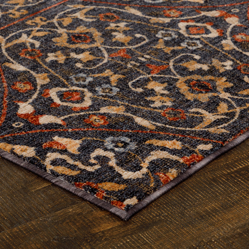 Tapis floral bleu marine, Rectangle 5 pi 3 po x 7 pi 6 po