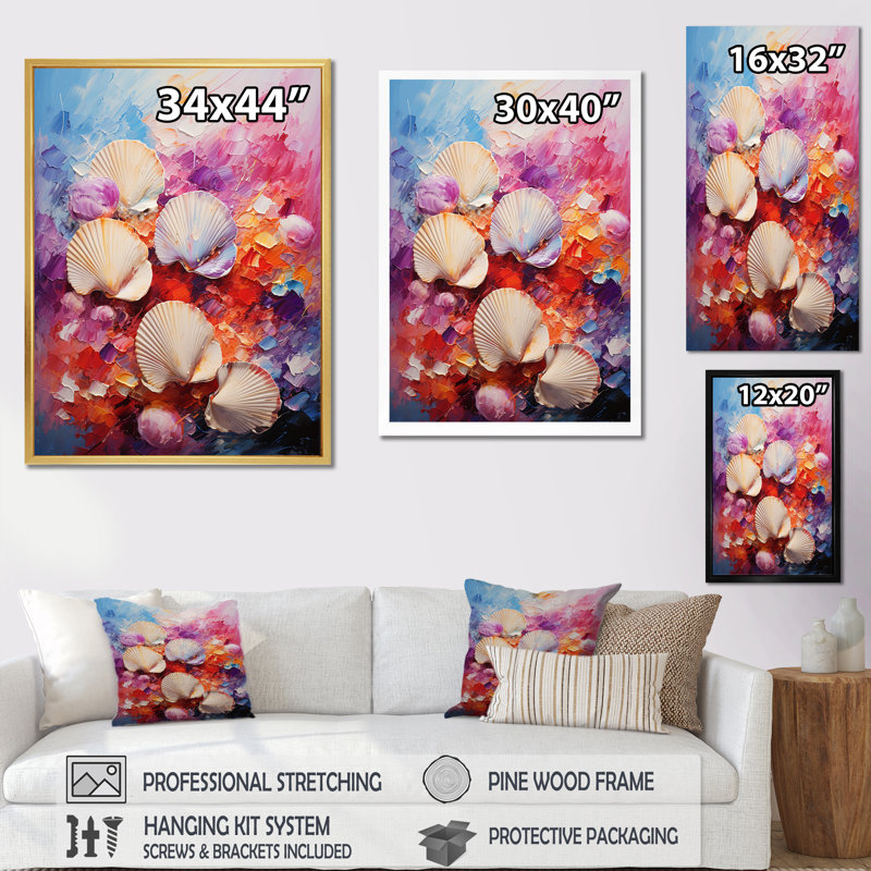 «Seashells Wonders On The Coast I», reproduction sur toile, Cadre simple noir, H 32 po x l 24 po x P 1 po
