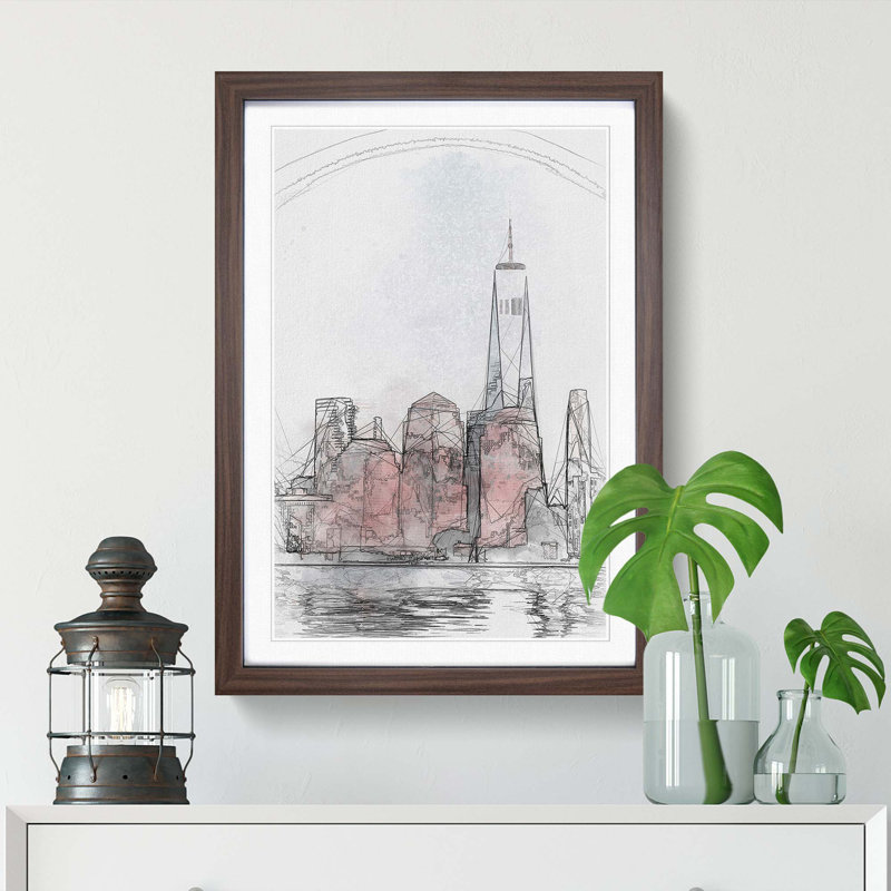 Downtown New York City Skyline in Abstract - Picture Frame Graphic Art Print, 48cm H x 36cm W x 2cm D, Walnut Framed