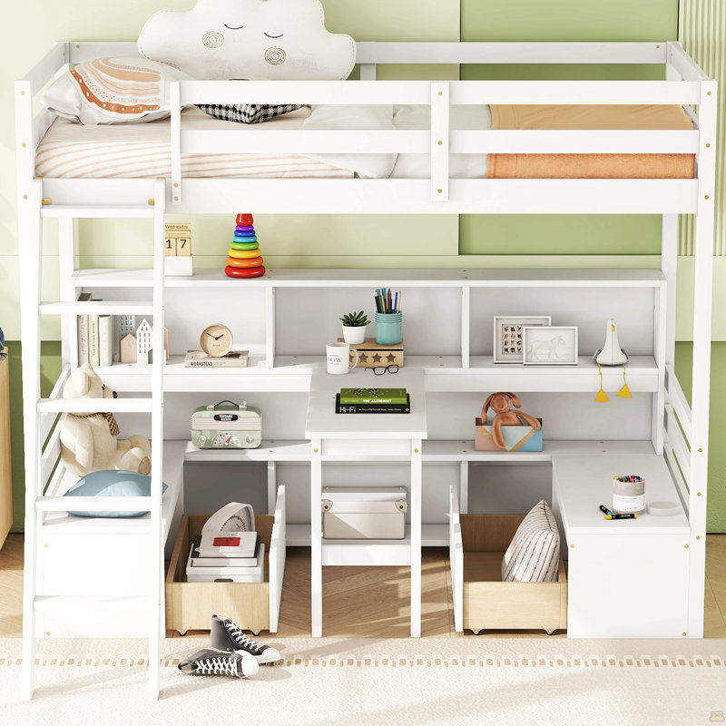 Latitude Run® Twin Loft Bed With Storage Shelves, Drawers, Seat And ...