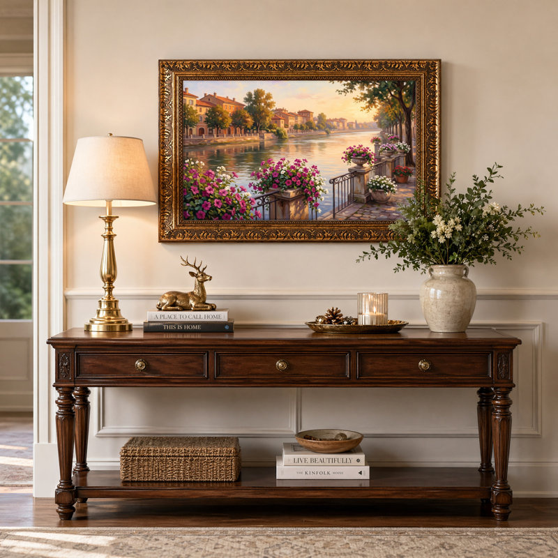 Art mural en toile noyer doré pour salon, chambre à coucher, bureau ou vestibule - décoration murale décorative avec scène de rivière