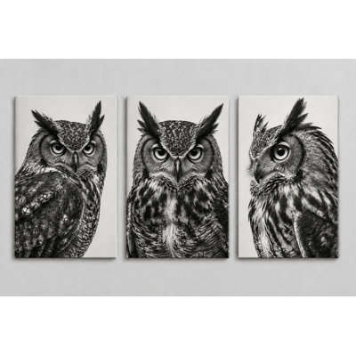 Grand ensemble de 3 reproductions d'art sur toile de chouettes noires et blanches minimalistes pour chambre à coucher, impression sur toile 16 x 24 pouces - prête à être accrochée