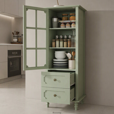 Grande armoire de rangement noire avec porte vitrée, 2 tiroirs et tablettes réglables, buffet étroit