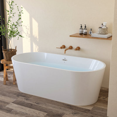 Baignoire autoportante en acrylique FerdY Shangri-La de 67 po, baignoire autoportante en acrylique de forme ovale classique blanc moderne, certifiée cUPC, bonde chromée et trop-plein rainuré classique