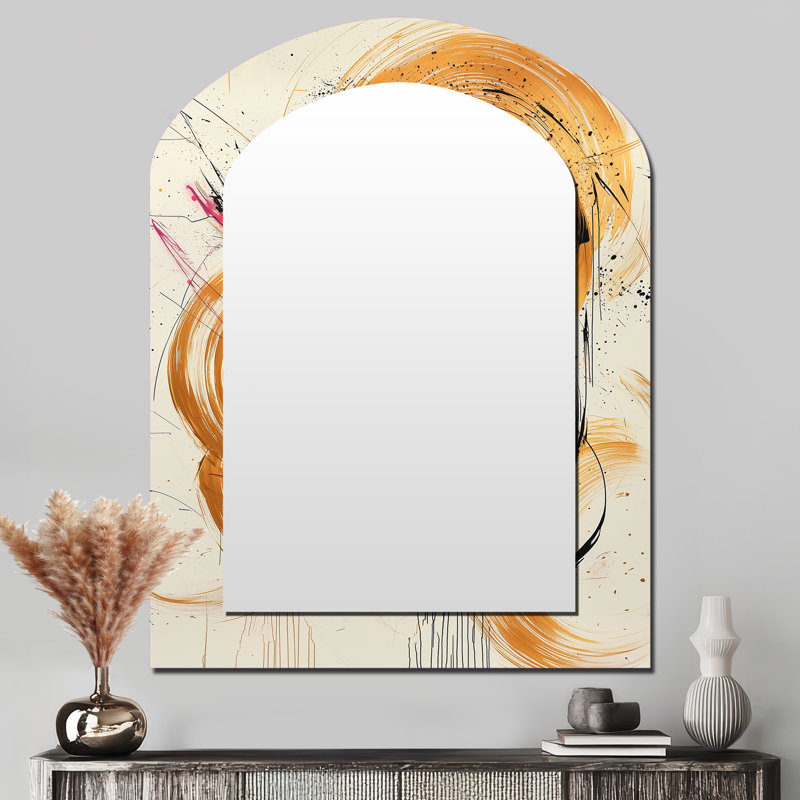 Abstract Circles In Pink And Gold Tones IV - Modern Arch Wall Mirror, 43" x 33"