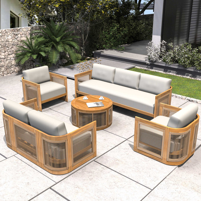 Guzal 5 - Piece Acacia Wood Patio Outdoor Conversation Set With Cream Cushions