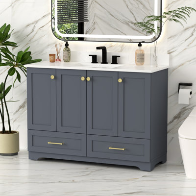 Meuble-lavabo moderne 48 po avec comptoir en pierre de quartz, lavabo en céramique, couleur grise
