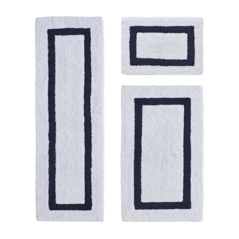Atle Reversible Cotton Tufted Bath Rug Set, 3PC (17" x 24" | 24" x 40" | 20" x 60"), White/Navy