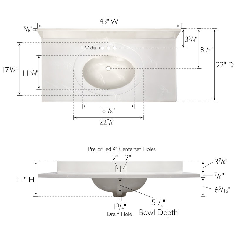 43 Inch Cultured Marble Vanity Top with Backsplash, Improved Package, White on White