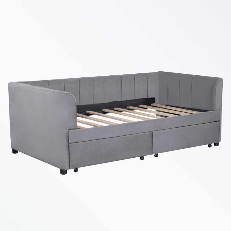 Krishana Twin Size Upholstered Daybed with Ergonomic Design Backrest and 2 Drawers, Gray