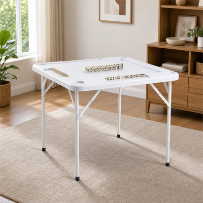 Table de mah-jong et de cartes pliante pour 4 joueurs, plateau en plastique HDPE avec cadre en tubes d'acier, 4 porte-gobelets, 4 plateaux à jetons, imperméable, résistant à la rouille, design peu encombrant pour mah-jong, poker, dominos et casse-têtes (BLANC)