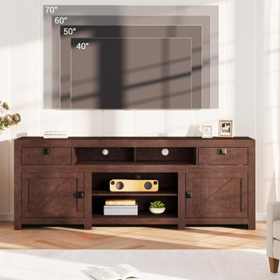 Meuble télé Farmhouse pour téléviseur de 75/80 po, long centre de divertissement avec 4 tiroirs de rangement et 3 tablettes ouvertes