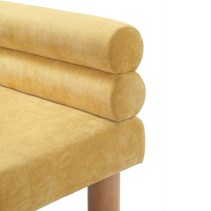 Yisroel Upholstered Dining Bench With Rubberwood Legs & Rolled Backrest, Yellow Polyester, Brown