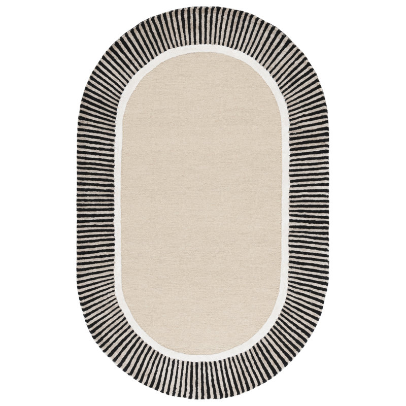 Oval Striped Wool Hand Tufted Area Rug, Oval 91 x 152 cm, Beige/Black