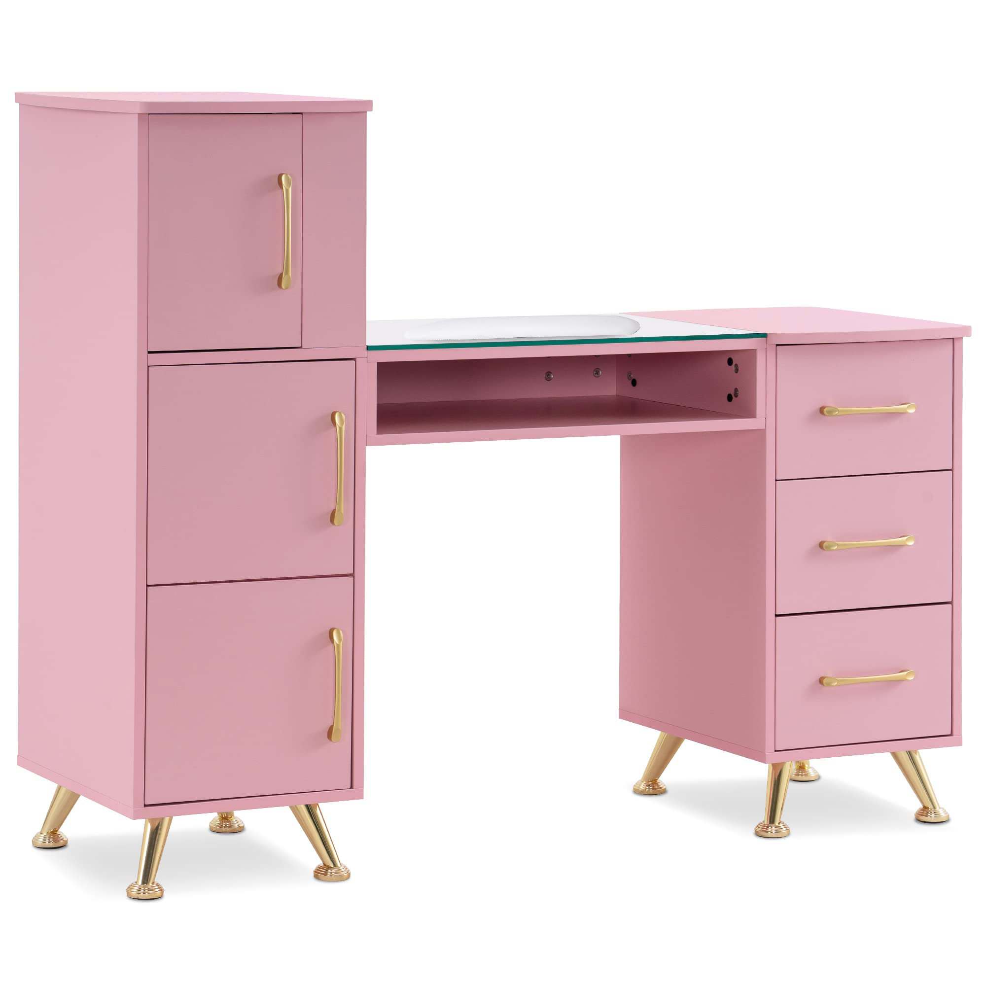 George Oliver Classic Manicure Table with Glass Top, Nail Desk with Drawers, Vanity Makeup Desk & Reviews | Wayfair