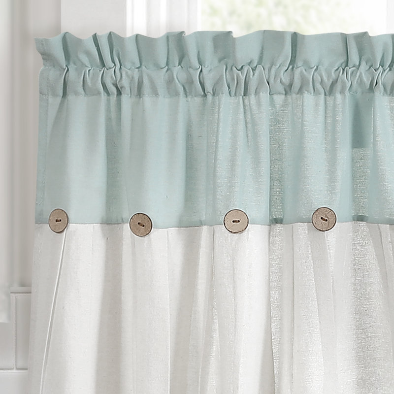 Blue and Off-White Cotton Blend Kitchen Tier Curtains with Rustic Buttons