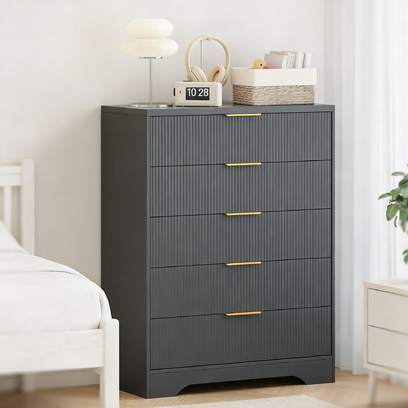 46" Modern Fluted Dresser with Multi-Drawers, Stable Design, Black