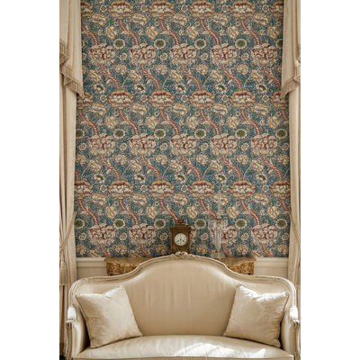 Vintage Floral Vine Wallpaper in Navy Blue, Cream and Red