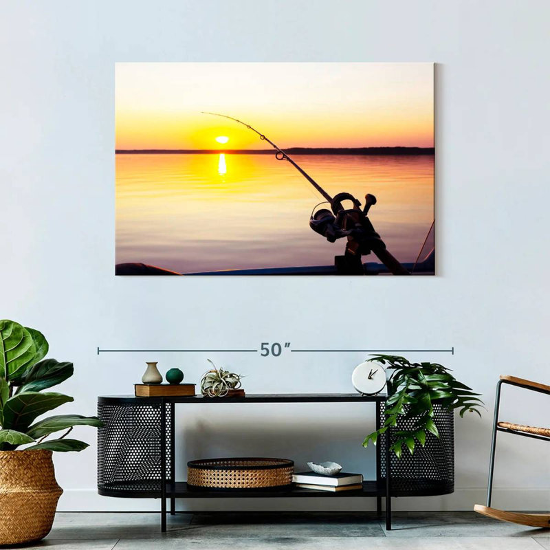 Pêche au coucher du soleil, H 30 po x l 45 po