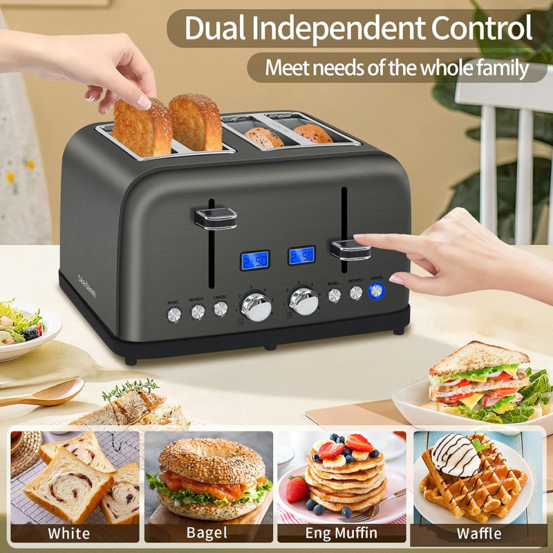 Toaster 4 Slice, LCD Display, 6 Shade Settings, 1.5'' Wide Slots Toaster,1500W, Gray