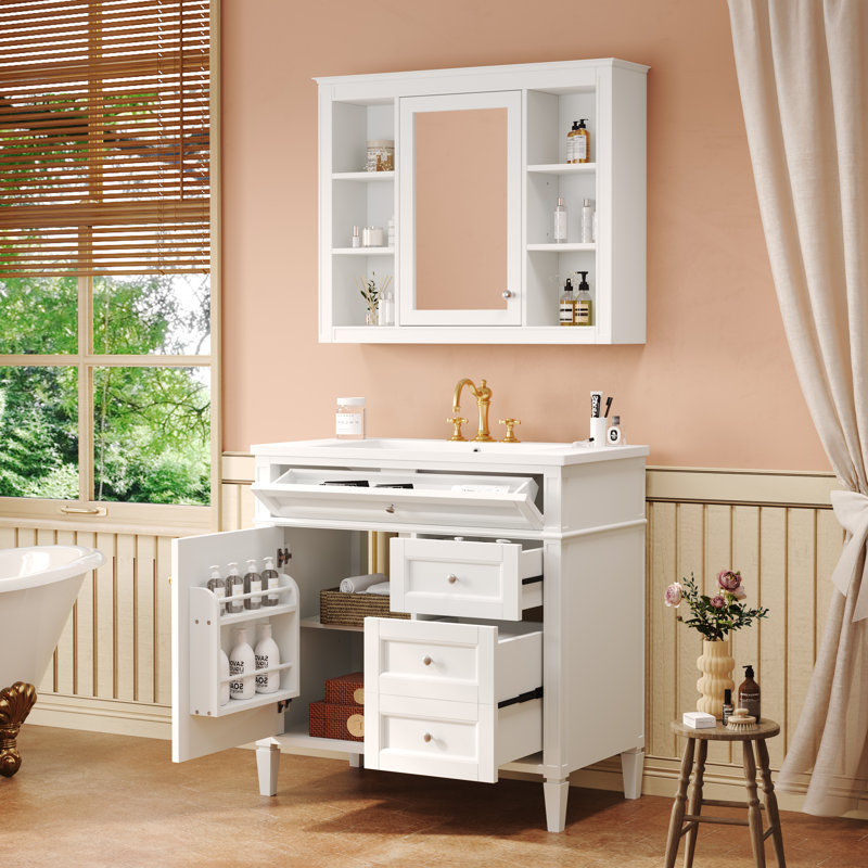 Meuble-lavabo 36 po avec lavabo et miroir, armoire de rangement avec tiroirs et tablettes ouvertes, blanc, Blanc